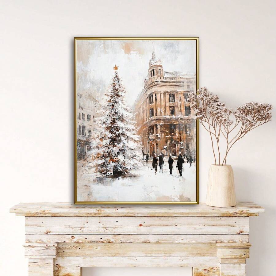 1pc Frameless Vintage White Christmas Wall Art, Melancholy Winter Decor Print Of Snowy English Village, Old-Fashioned Holiday Poster, Aesthetic Christmas Gift