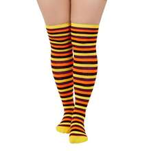 Zando Plus Size Thigh High Socks For Thick Thighs Women Striped Thigh High Stockings Over The Knee Socks Leg Warmers{"Size_name":"OneSizePlus","Color_name":"ThanksgivingYellow"} - 感恩節黃色 - 查看 2