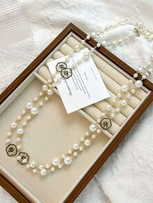 1pc Stainless Steel Hollow Flower Pearl Necklace, Long Style Versatile Fashion Sweater Chain Accessory, Rose Flower Pendant - Gold White - View 2