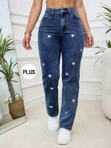 Women's Fashion Casual Plus Size Dark Blue Elastic Denim Pants With Pink Heart Embroidery, Soft & Comfortable For Spring, Summer, Autumn, Winter - Dark Wash - View 1