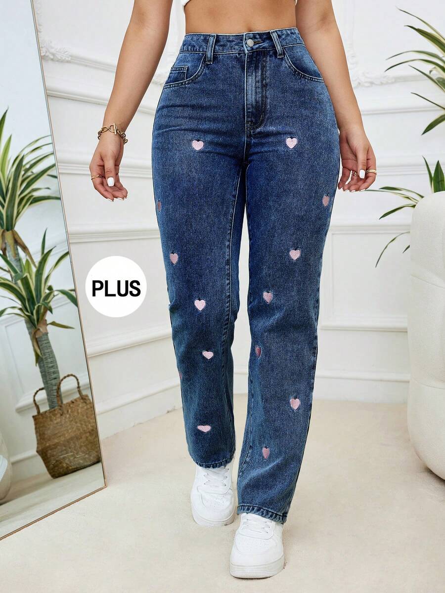 Women's Fashion Casual Plus Size Dark Blue Elastic Denim Pants With Pink Heart Embroidery, Soft & Comfortable For Spring, Summer, Autumn, Winter - Dark Wash - View 1