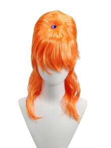 Parrucca voluminosa arancione vibrante con un elegante chignon in cima e un accento con gemma blu scintillante, la scelta perfetta per fare una dichiarazione di moda audace a feste a tema, eventi di cosplay o in qualsiasi occasione in cui si vuole attirare l'attenzione con il suo design unico e accattivante