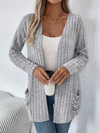 European And American Cross-Border Export Autumn And Winter New Pure Color Pit Strip Brushed Flap Pocket Pants Cardigan Long-Sleeved Outwear For Women