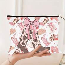 Botas y sombrero de vaquero rosa y bolsa de maquillaje con estampado de lazo y cremallera, bolsa de cosméticos y bolsa de aseo - Bolsa de medicina reutilizable de estilo vaquero occidental, bolsa de almacenamiento de estética universitaria para bolígrafos, bolsa de viaje y maquillaje - Para la escuela, la decoración del hogar de verano, la bolsa de aperitivos de 9 "x 6" Bolsa de maquillaje, neceser, bolsa de cosméticos, bolsa de lavado, artículos esenciales de viaje, artículos esenciales de vacaciones para hombres y mujeres