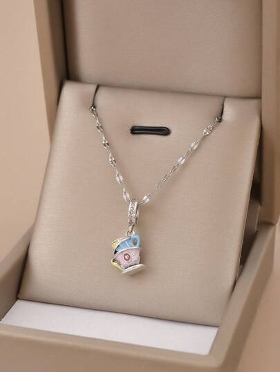 1 件时尚油滴心形和 3 个茶杯不锈钢项链，银饰品，银项链，礼物