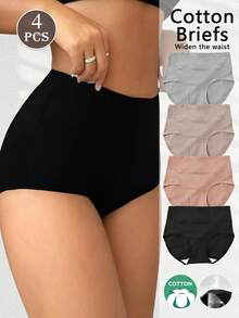 4 Peças Calcinhas Femininas de Cintura Alta Simples, Calcinha Modeladora Básica Simples de Algodão Puro Plus Size, Calcinha Confortável Macia e Sem Costura