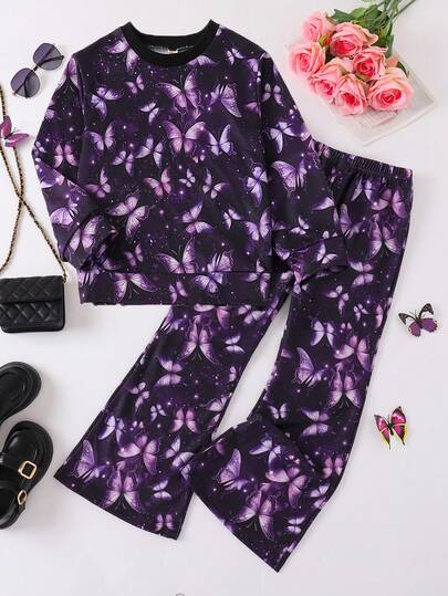 2pcs/Set Girls Butterfly Digital Print Crew Neck Sweatshirt Top + Loose Comfortable Butterfly Print Flare Pants Set, Girls Clothing, Suitable For Spring/Autumn Outdoor And Holiday Wear
