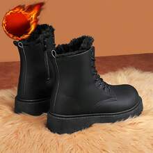 1 双男女款冬季新款黑色毛绒保暖高帮皮鞋靴子，时尚朋克系带圆头毛茸茸室内靴，比常规尺码大一码 - 黑色 - 查看 13