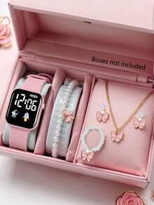 女孩时尚优雅的 LED 心形数字手表和蝴蝶形首饰套装，包括手链、项链、戒指、耳环，适合女孩、学生、学校、派对、旅行等日常场合，是送给朋友、生日、圣诞节和其他节日的完美礼物 - 粉色 - 查看 4