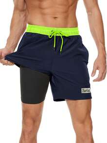 Bañador de hombre de secado rápido 2 en 1 con pantalón corto de natación de 5 pulgadas, forro de compresión y bolsillos con cremallera, color azul marino - Azul Marino - Ver 1