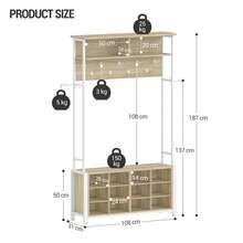 Hzuaneri Garderobenständer mit Schuhbank, Garderobe mit 13 Haken, 14 Offene Fächer, Verstellbare Ablagen, Kleiderständer für Flur, Eingangsbereich, 108 x 31 x 187 cm, Eichefarben-Weiß