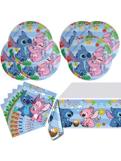 Set di stoviglie per festa di Stitch, include 20 piatti, 20 tovaglioli, 1 tovaglia, set di forniture per feste di compleanno a tema Stitch