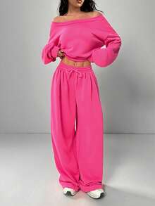 GLOpass Casual Solid Color Off-Shoulder Loose Sweatshirt And Pants Two Pieces Set For Women, Versatile For Daily Wear, Autumn/Winter - Hot Pink - View 2