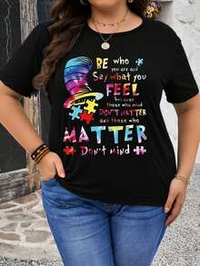 Talla grande - Camiseta gráfica para mujer de talla grande "Sé quien te importa" - Cuello redondo casual, manga corta, estiramiento medio, camiseta de moda primavera/verano con estampado colorido, camisetas para mujeres - Negro - Ver 2