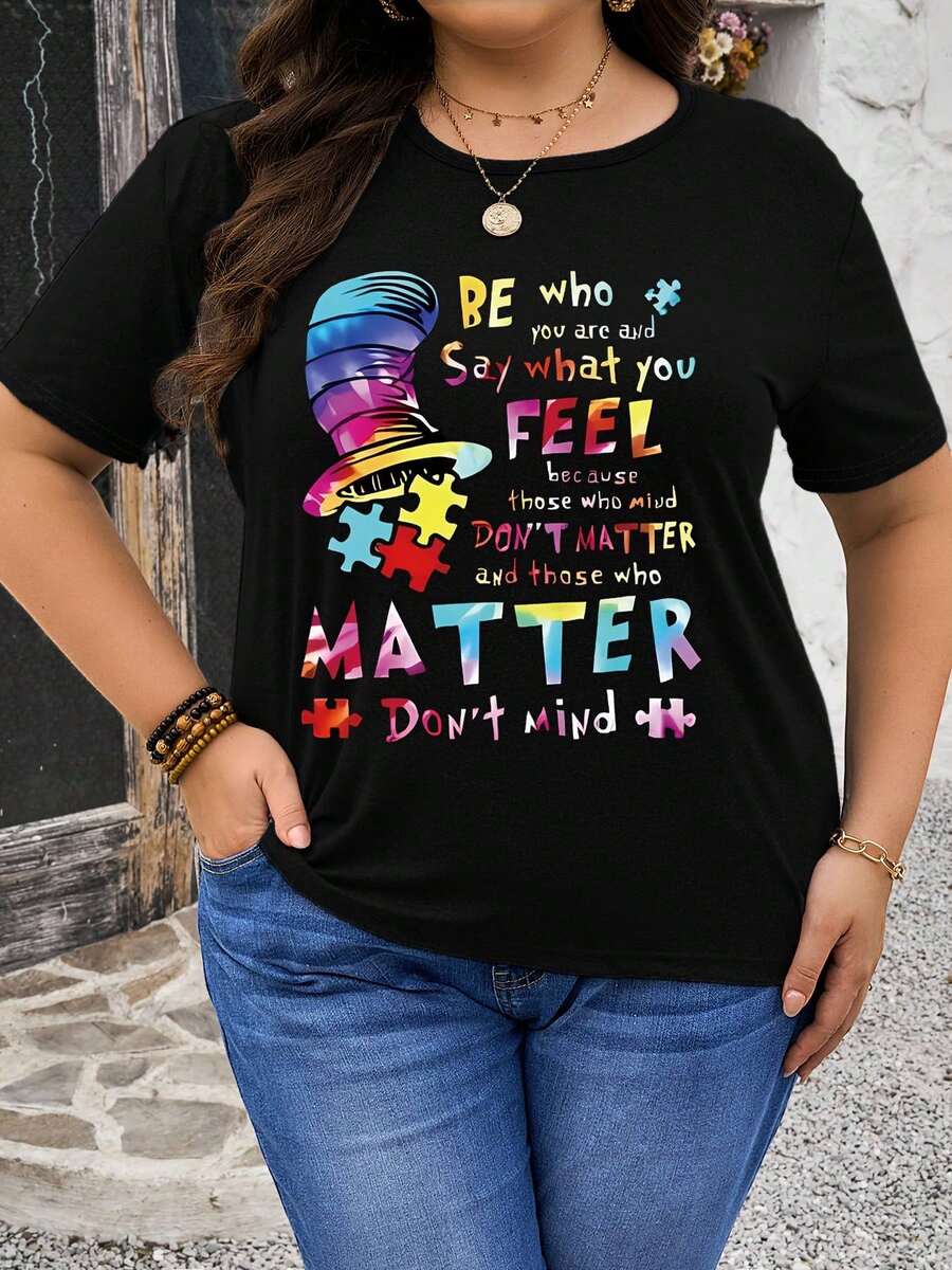 Talla grande - Camiseta gráfica para mujer de talla grande "Sé quien te importa" - Cuello redondo casual, manga corta, estiramiento medio, camiseta de moda primavera/verano con estampado colorido, camisetas para mujeres