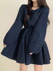 2025春秋女士纽扣腰系带长袖短款连衣裙 - 藏蓝色 - 查看 2