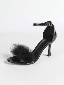 Damen modische elegante schwarze flauschige Fell Dekor Rund Zeh Knöchelriemen High Heel Sandalen, charmante glamouröse funkelnde Party Hochzeit Outdoor Event Pumps, 9CM Absatz - Schwarz - Übersicht 7