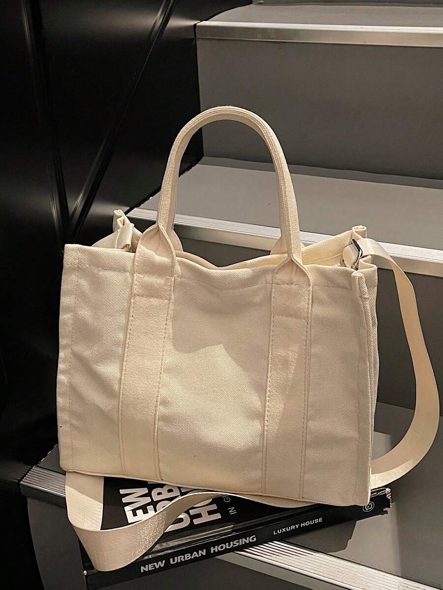 时尚托特单肩包，轻便帆布手提包，可调节肩带，学生简约挎包 - 白色 - 查看 1