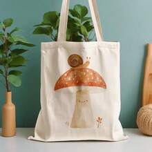 1pc Cute Snail & Mushroom Canvas Tote Bag - Reusable Grocery Bag With Adorable Cartoon Design, 13, 8"X15, 8" Durable Polyester Shoulder Bag For Shopping, Commuting, School - Perfect Gift For Nature Lovers, Women, Graduation, Earth Day, Juneteenth, 4th Of July, Reusable Shopping Bags, Commuting Accessory, Whimsical Illustration, Sturdy Handle Construction - A - 查看 4