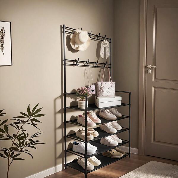 Prateleira de armazenamento para sapatos de metal de 31,5" de largura - Organizador multicamadas para sapatos, chapéus, bolsas e utensílios de cozinha - Móveis independentes para entrada/sala de estar/cozinha - Fácil montagem, sem necessidade de ferramentas, design compacto, resistente e durável, essencial para a casa
