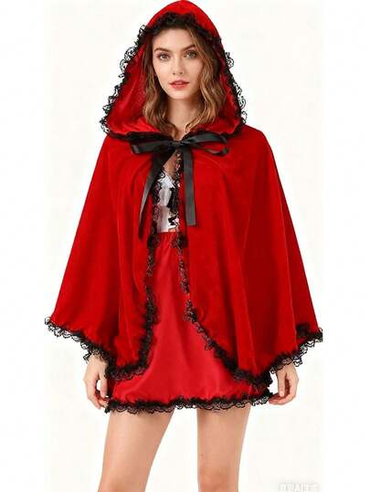 1pc/Elegant Red Lace Cloak, Suitable For Costume Parties, Weddings, And Formal Wear Photo Shoots - Perfect For Halloween, Christmas, New Year Brides And Theme Events.