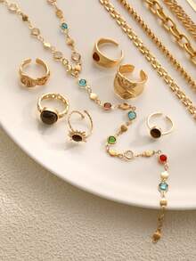 17KM Colar Y multicamadas com pingente de cristal em cruz, simples e moderno, 16 peças, conjunto de anéis empilháveis âmbar, cor outono/inverno, conjunto de pulseiras de corrente grossa exagerada, conjunto de joias femininas, adequado para feriados, encontros, uso diário, festas, casamentos, Natal, presente de Ação de Graças