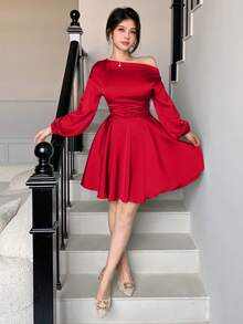 abyoxi Women's Red Elegant Sexy Asymmetric Neck Puff Long Sleeves Ruffle Hem Satin Mini Dress With Waist Ruched Design, Sexy Romantic, Party, Date, New Year, Valentine's Day, Spring Summer Fall Short Dresses - Red - View 5