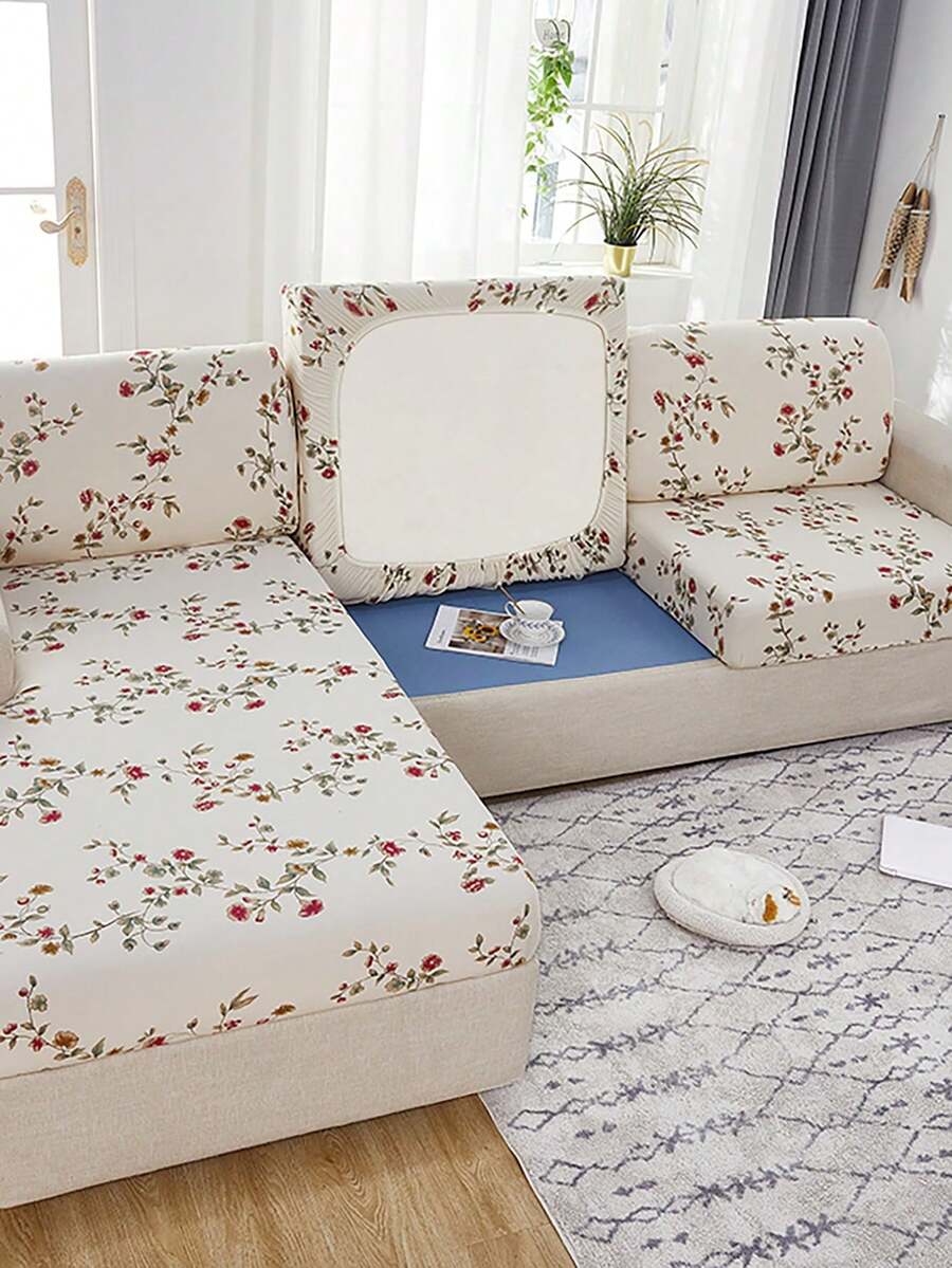 1 件条纹和花卉印花弹力沙发坐垫套，适合所有季节 - 彩色 - 查看 1