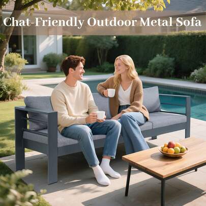 Metal Sofa 3-Seater Duty Black Patio Couch With All-Weather Cushions, Water-Resistant Wrought Iron Frame For Poolside, Garden & Deck