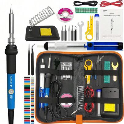  Ilibilib HX1 60W 220V Soldering Iron With 30s Fast Heating, 200-480°C Temperature Range, Includes 18g Solder Wire, 2 Tweezers, 5 Replaceable Tips, Stand, Sponge, Desoldering Braid, Mini Wrench, Mini PCB, Wire Stripper, Suction Pump, Red/Black Wires, Heat Shrink Tube Set & Leather Storage Bag - Complete Professional Soldering Kit