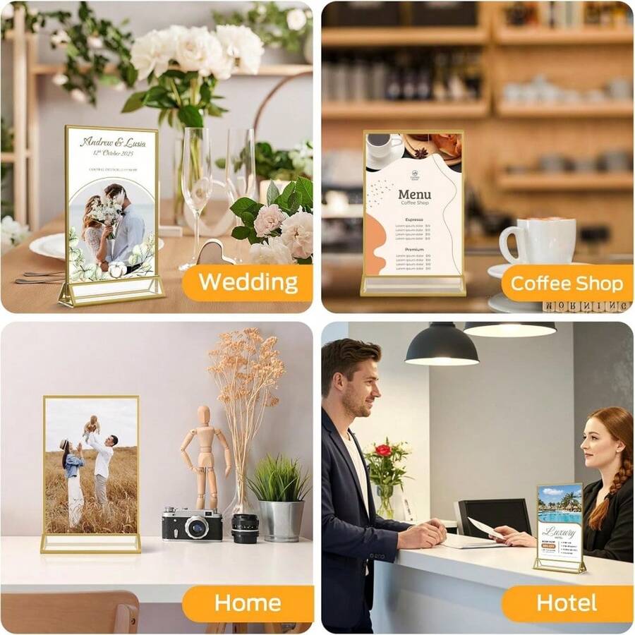 Gold Picture Frame, Acrylic Sign Holder Double-Sided Gold Picture Frame T-Shape 4X6"/5X7"/6X8"/8.5X11"--3/4/6pcs, Used For Menu Holder Wedding Table Number Holder Home Picture Frame Event Display Picture Frame
