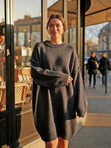 1 件大码宽松纯色罗纹大码毛衣，休闲家居和日常穿着，秋冬 - 深灰色 - 查看 7