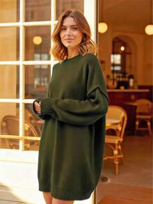 1件大码宽松纯色罗纹针织连衣裙，休闲日常穿着，秋冬季 - 橄欖綠 - 查看 6