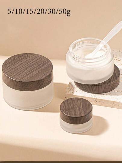 1pc 5/20/30/50g Frosted Glass Skin Care Eye Cream Jar With Wood Grain Cover, Reusable Bottle, Living Room, Family, Bedroom, Bathroom, House Decoration, Face Cream, Eye Cream, Lotion, Cosmetics Bottle, Travel Container, Portable Storage