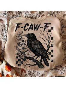 Crow F-CAW-F Fun Halloween Gothic Floral Plaid Sweatshirt, Women Autumn Clothing, Nightmare Before Christmas, Halloween Costumes For Women, Loose Fit Crew Neck Long Sleeve Casual Pullover Unisex Loose Oversized Sweatshirt, Girl Boyfriend Style Outfit, Casual Versatile Long Sleeve Jacket - 淺杏色 - 查看 3