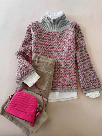 Women Geometric Ombre Knit Pullover Sweater - Long Sleeve Comfortable Knitwear, Suitable For Autumn/Winter | Casual Daily Wear, Soft Fabric