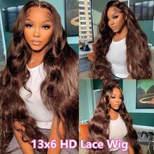 VIOLLY 13x6 巧克力棕色波浪蕾丝前部真人混合发假发，预拔发际线，200 密度高清透明蕾丝前部巴西假发 - S4 - 查看 5