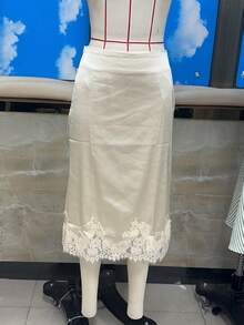 Women Silk Satin Half Slip Long Skirts Lace Patchwork Elastic Waist Long Skirt Elegant Silky Flowy A Line Midi Skirts - Màu xanh lam - Xem 6