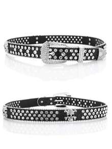 Women's Shiny Street Fashion Leather Belt With Skull & Rhinestone Decor Summer, School Fall, Autumn, Halloween - 黑色 - 查看 3