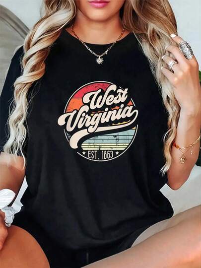 Camiseta casual de 100% algodón con estilo retro del estado de Virginia Occidental WV, diseño de puesta de sol de los años 70, para mujeres y hombres, camiseta de verano suave y cómoda con ajuste relajado