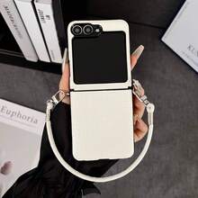 Luxury Classic Simple White Crocodile Texture Phone Case, Compatible With Samsung Galaxy Z Flip 7, Z Flip 6, Z Flip 5, Z, With Genuine Leather Lanyard - White - View 4