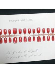 10 Peças de Unhas Postiças Quadradas Curtas, Unhas Curtas Vermelhas de Olho de Gato de Outono e Inverno, Design Gradiente de Cor Sólida Clássica, Estilo Elegante, Arte de Unhas Postiças de Cobertura Total, Adequado para Uso Diário, Festa e Ocasiões Especiais por Mulheres e Meninas.