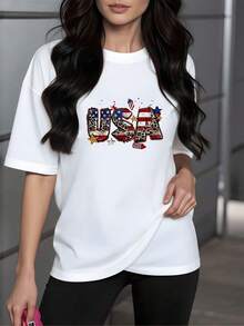 Printed With USA Letters That Combine The Flag And Animal Print Symbolizing Pride, Freedom, And Feminine Energy On A Durable, Comfortable, And Modern 100% Cotton Women's T-Shirt. - 白色 - 查看 1