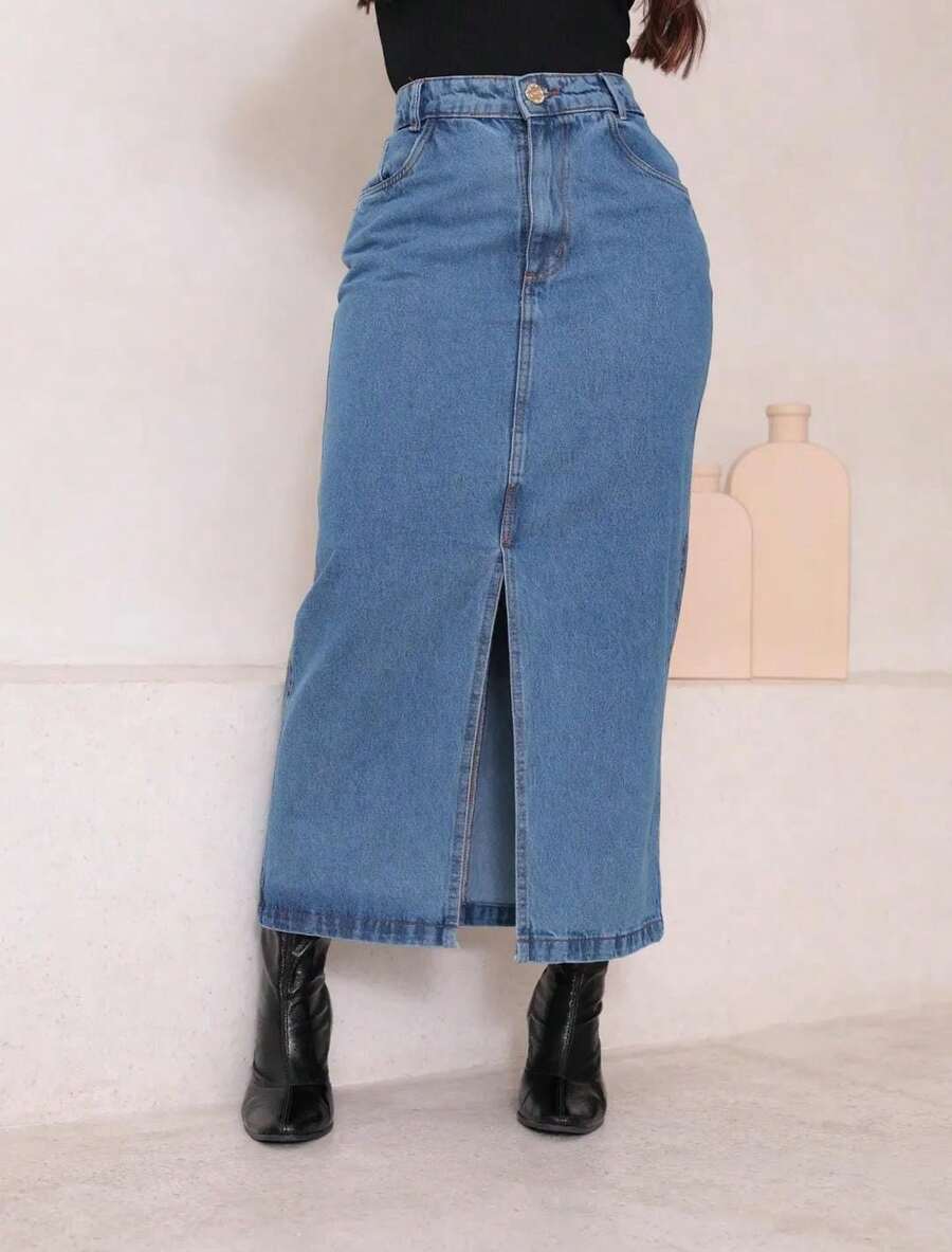 Destroyed Jeans Midi Skirt With Elastane And Front Slit - Medium Blue - View 1