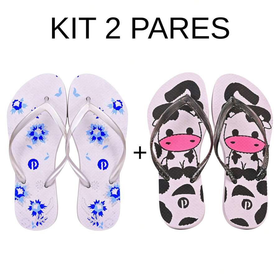 Comfortable Soft Women's Flip Flops - D2.15-blueFlower-whiteCow - View 1