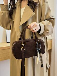 Túi Boston đa năng phong cách retro chất lượng cao, mặt dây chuyền tinh tế, túi vuông nhỏ dung tích lớn, túi đeo chéo màu trơn mờ độc đáo, phù hợp cho hẹn hò, đi làm, mua sắm và công sở. - Cà phê - Xem 5