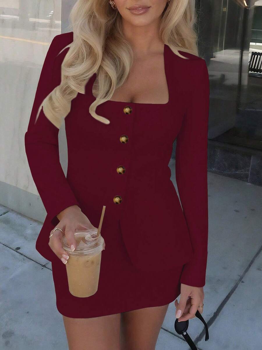 女士 Old Money 优雅单排扣真口袋西装背心和裙子套装，白色套装，秋季女装，适合日常穿着、工作、约会 - 酒紅色 - 查看 1