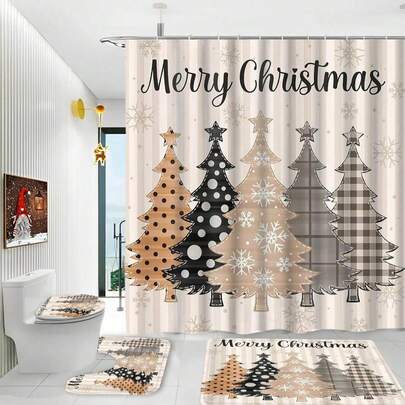 1/4 件圣诞装饰圣诞树浴帘套装、防水浴帘（带 12 个挂钩）、防滑浴室地毯、马桶 U 型垫、马桶盖垫、浴室装饰、浴室浴帘套装、浴室配件（打开）