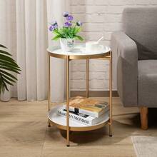 Round Side Table With 2-Tier Storage Modern Metal End Table With Removable Tray Small Coffee Table For Living Room Bedroom Balcony Patio - Gold White - View 5