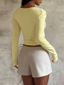 Women's V-Neck Contrast Lace Tie Front Long Sleeve Blouse - Yellow - View 2